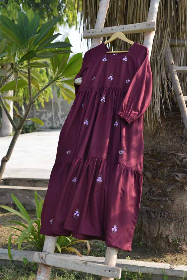 BURGUNDY - LONG EMBROIDERED DRESS