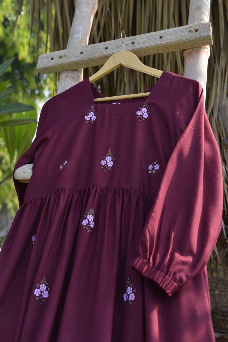 BURGUNDY - LONG EMBROIDERED DRESS