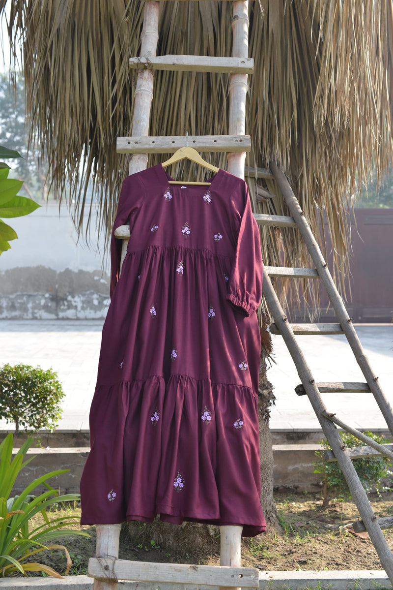 BURGUNDY - LONG EMBROIDERED DRESS