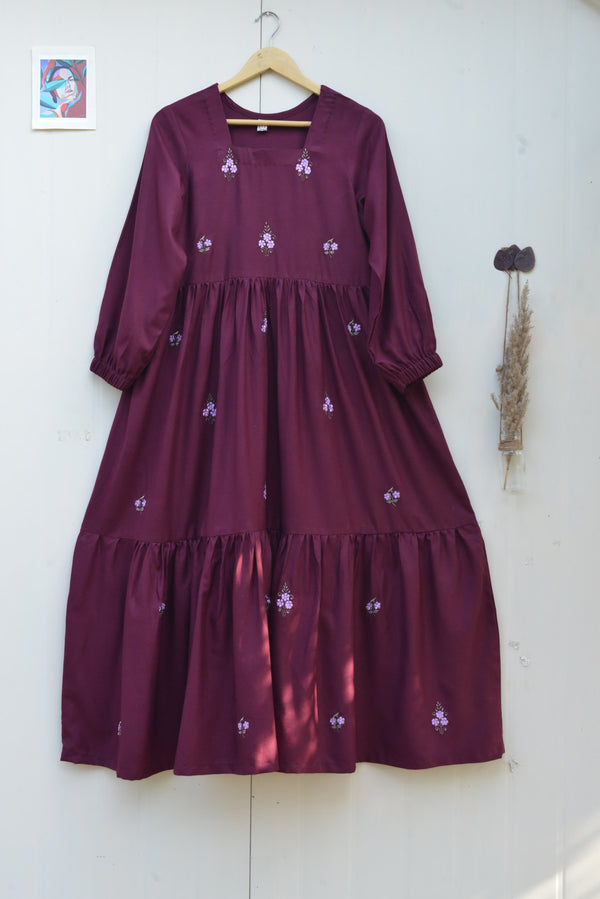 BURGUNDY - LONG EMBROIDERED DRESS